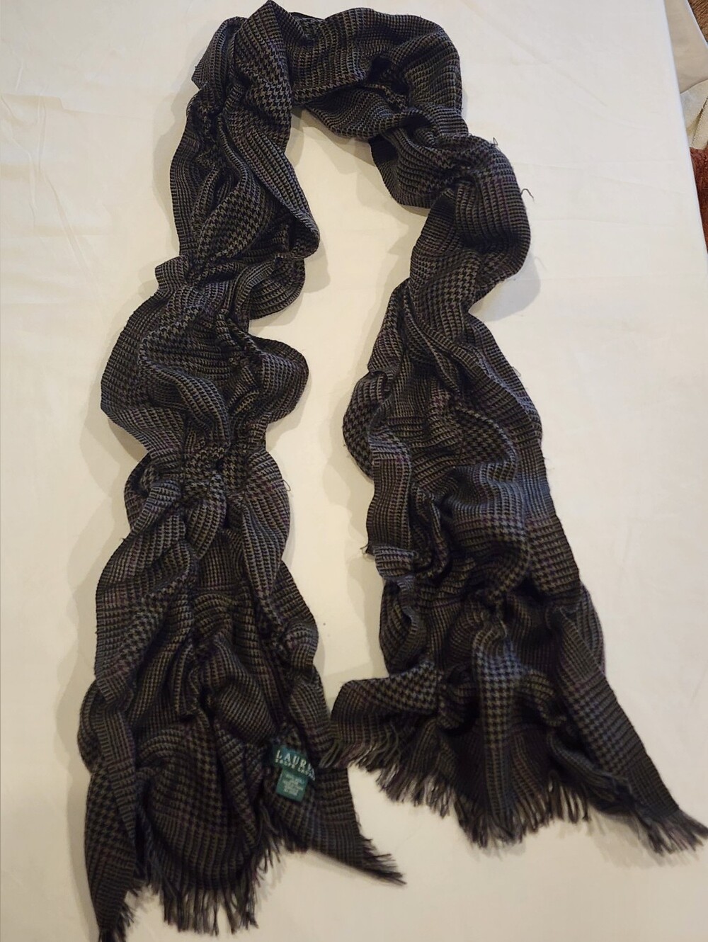 Lauren Ralph Lauren Black and Brown Houndstooth Ruched Fringe Wool Scarf